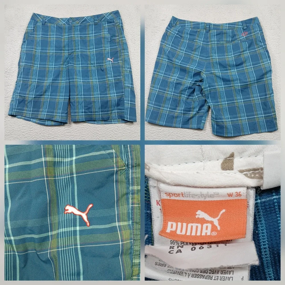 Puma Golf Shorts Men's 36 Blue‎ Plaid Performance Flat Front Casual